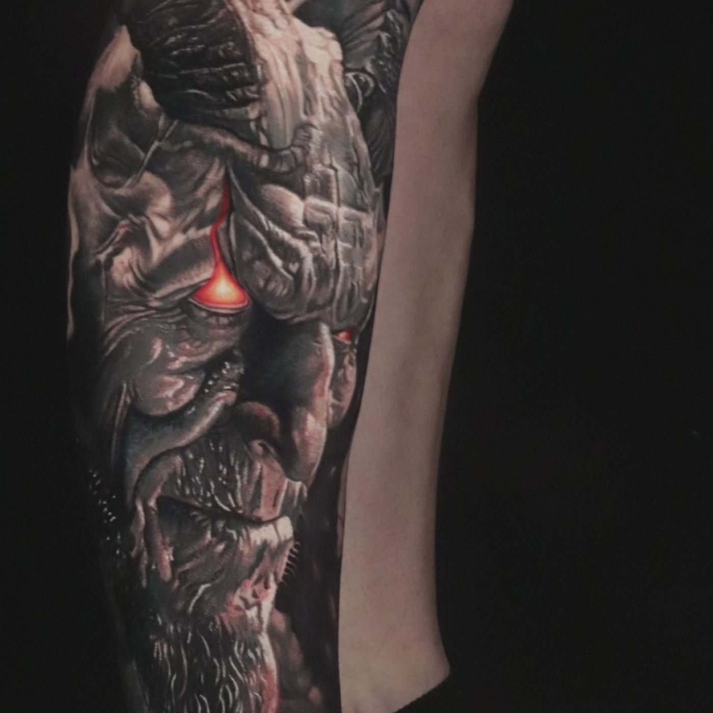 Demon face black and grey realism with molten detail