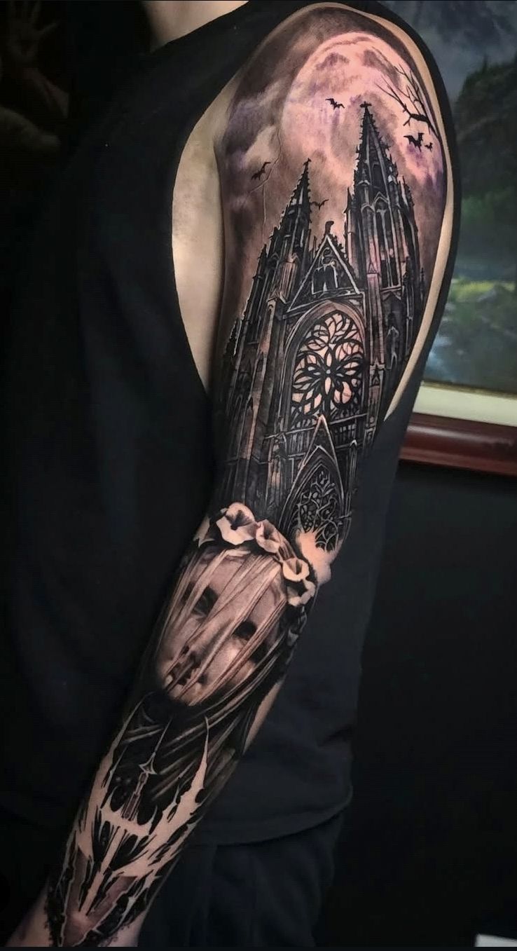 Gothic cathedral black and grey sleeve tattoo