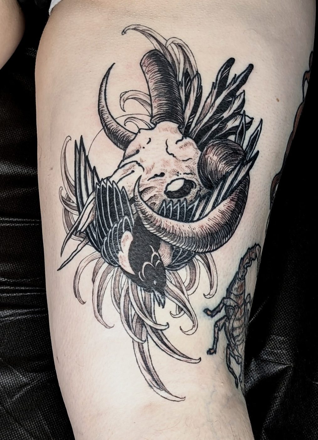 Ram skull and chrysanthemum blackwork tattoo